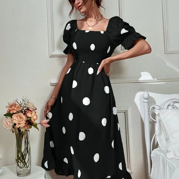 Black Boho Womens Polka Dot Print Puff Sleeve Shirred Ruffle Hem Dress - Picture 3 of 5